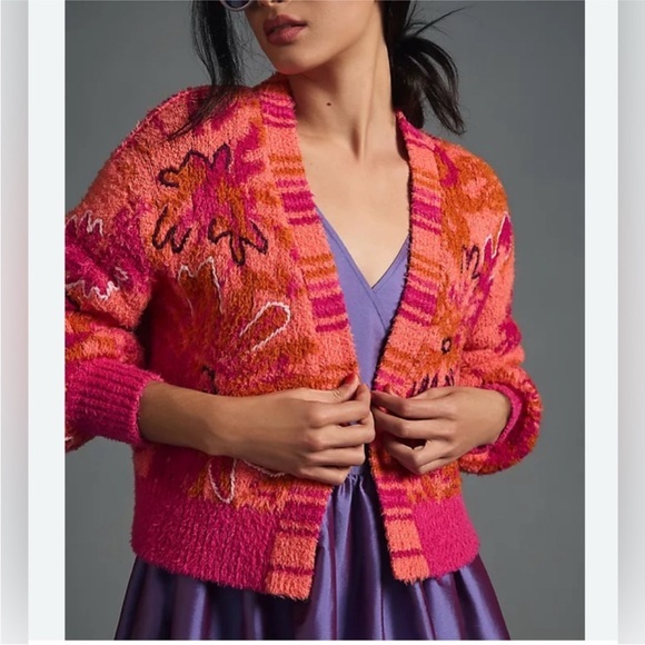 Anthropologie Sweaters - By Anthropologie Embroidered Cardigan Sweater Pink Combo Small